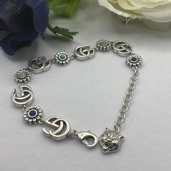 Gucci Double GG Silver Flower Turquoise Bracelet - Picture 1 of 6